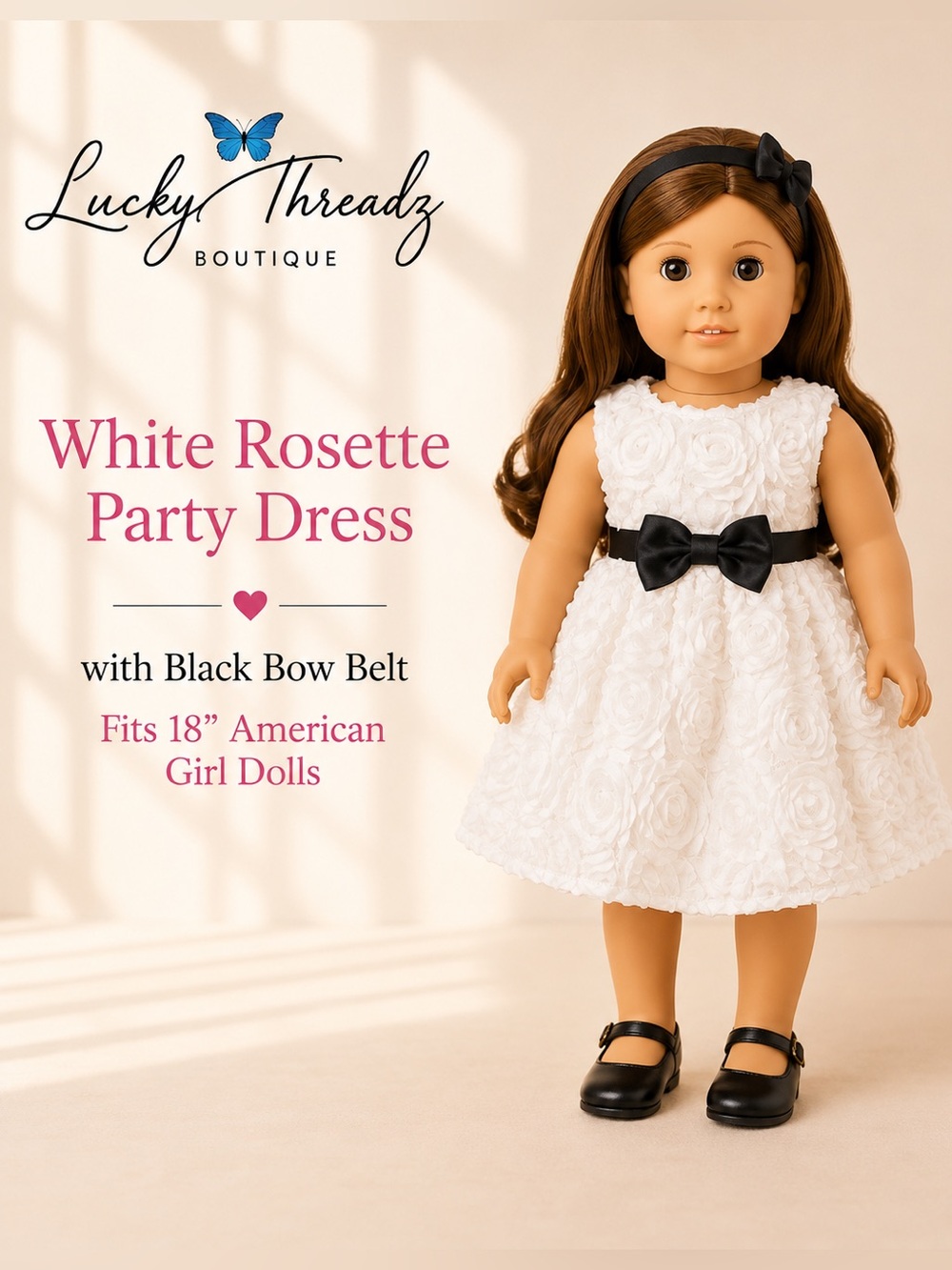White Rosette Party Dress with Black Bow Belt - Fits 18" American Girl Dolls